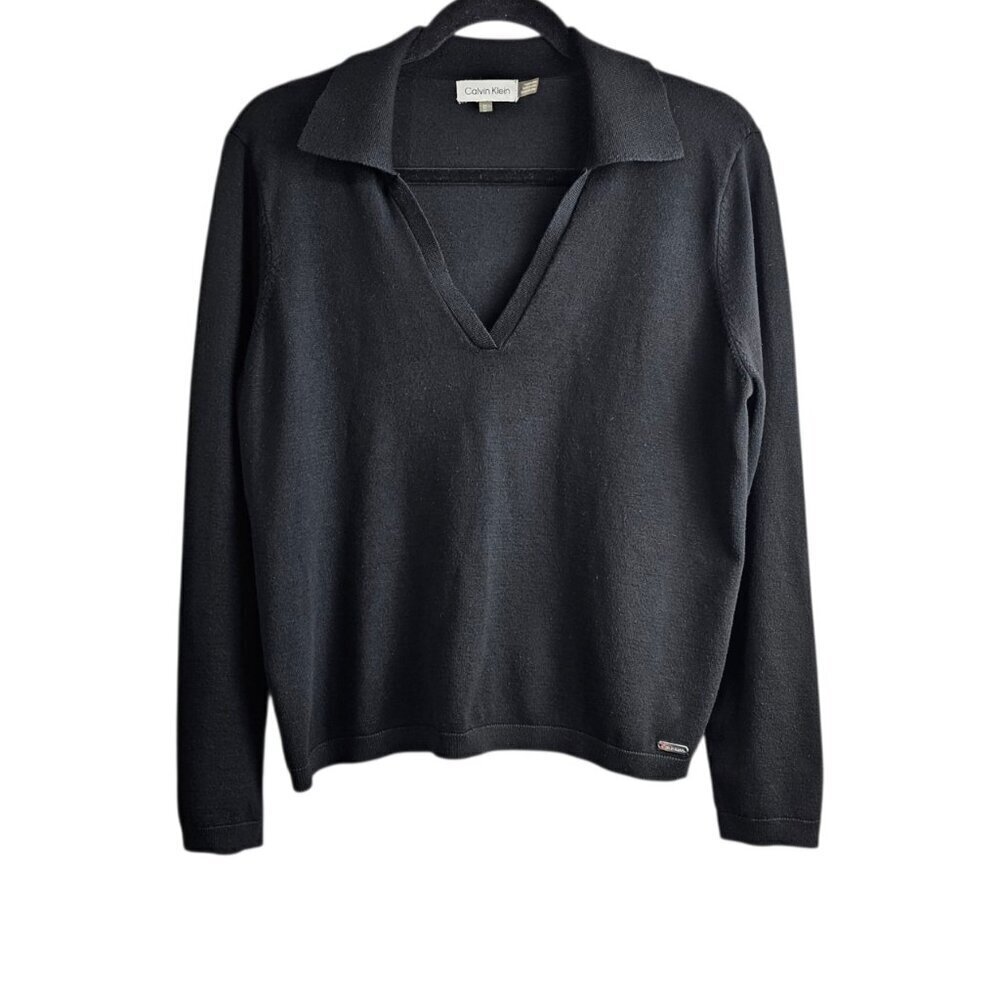 Calvin Klein Knit Long Sleeve V Neck Black Polo Collar Sweater